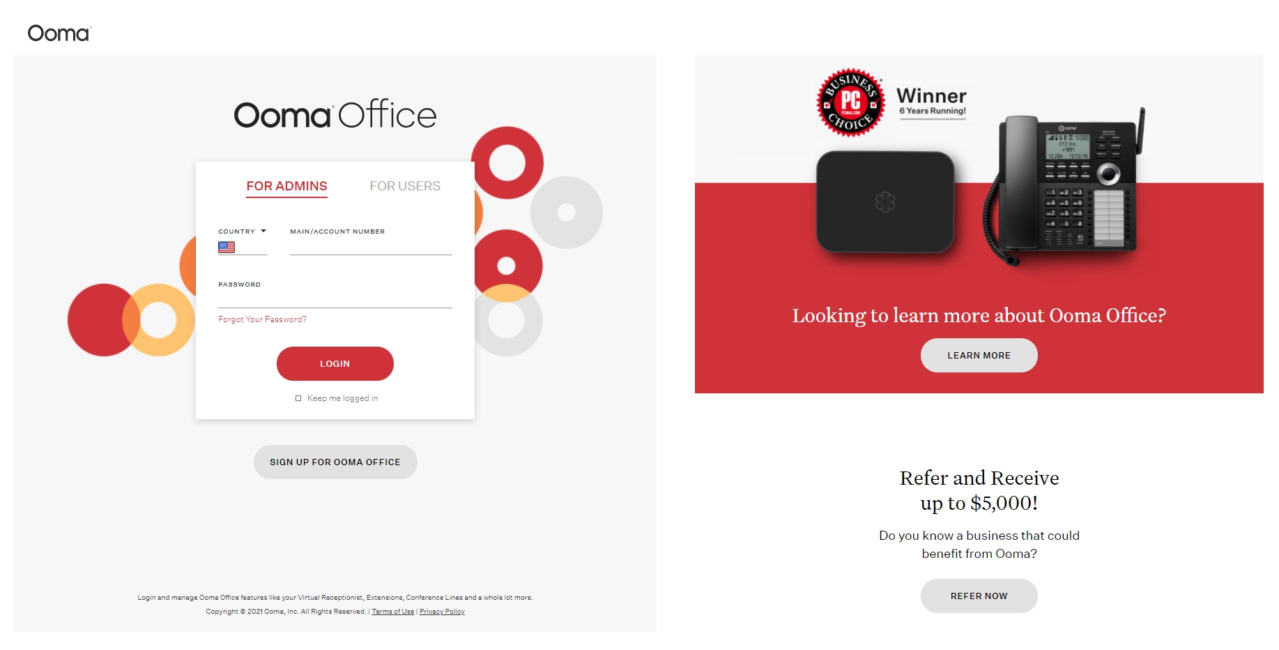 Webové stránky poskytovatele Ooma Office