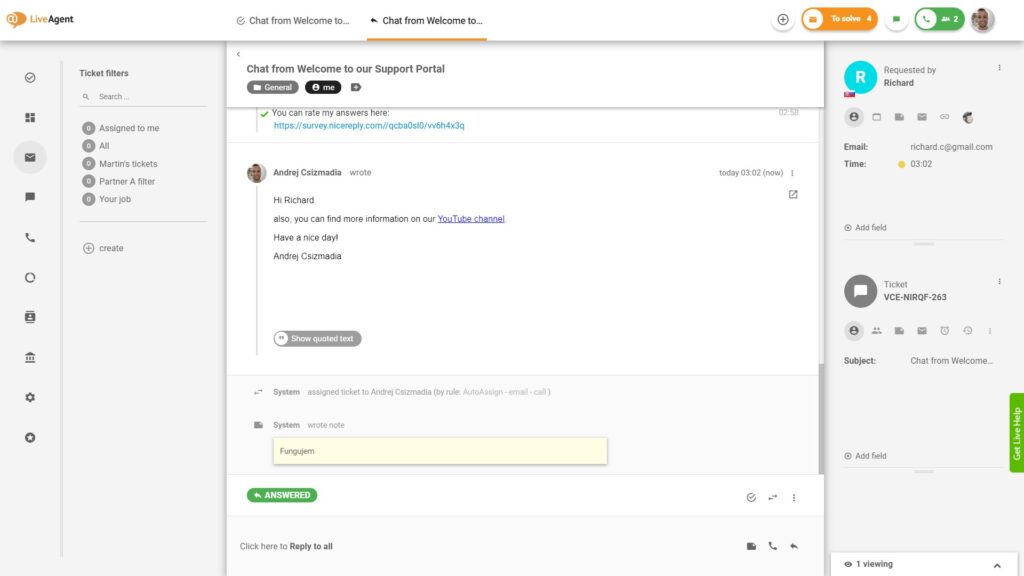 E-mail odeslaný ze stejného tiketu - následné odeslání - LiveAgent
